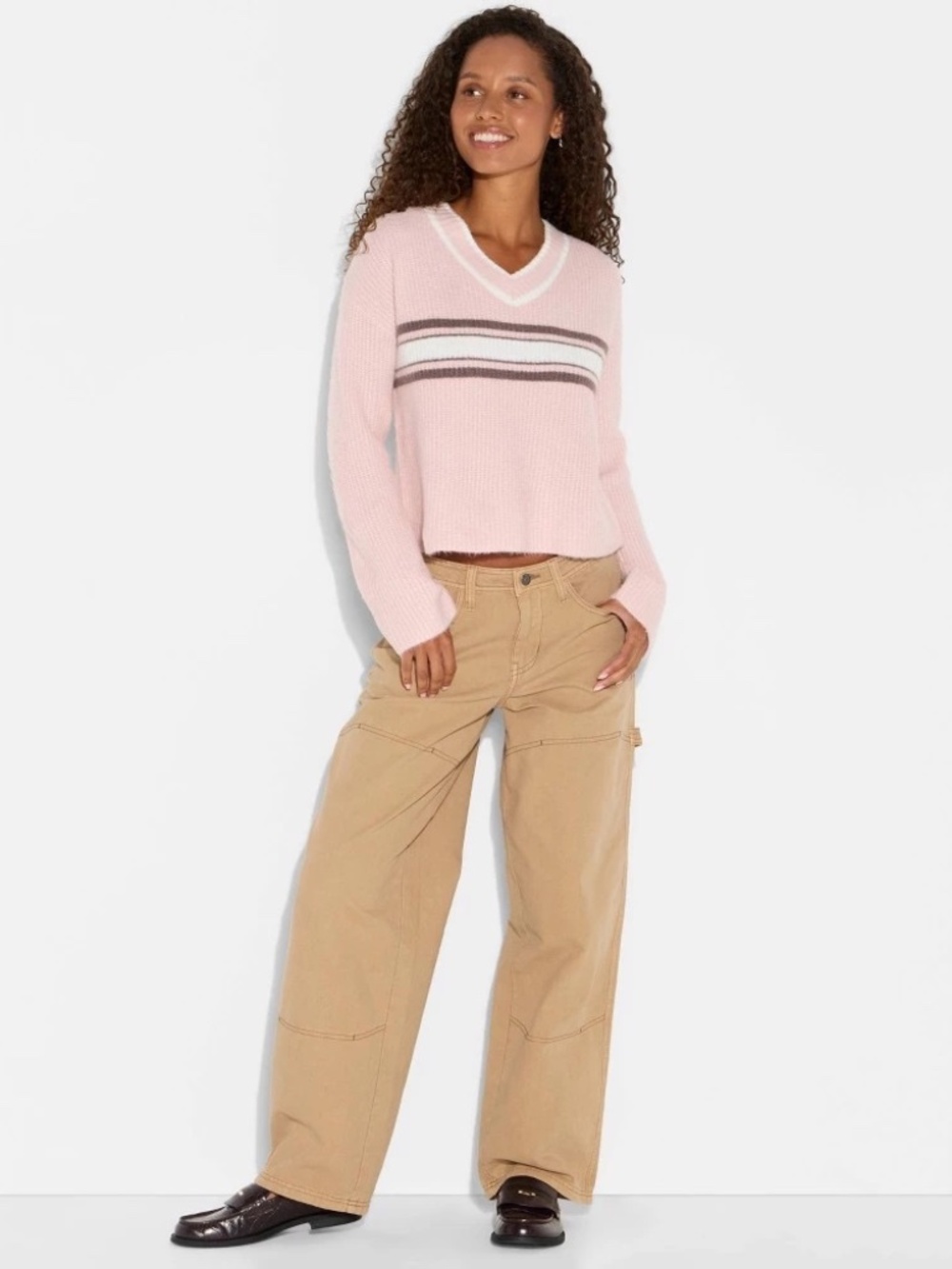Women's V-Neck Pullover Sweater - Wild Fable™ Light Pink Rugby Striped L